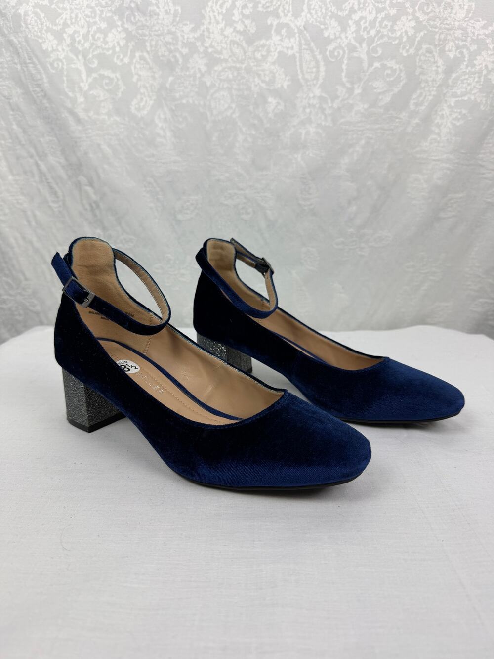 Andrew Geller Navy Velvet Mary Jane Pumps Sparkle Block Heel Size 8.5
